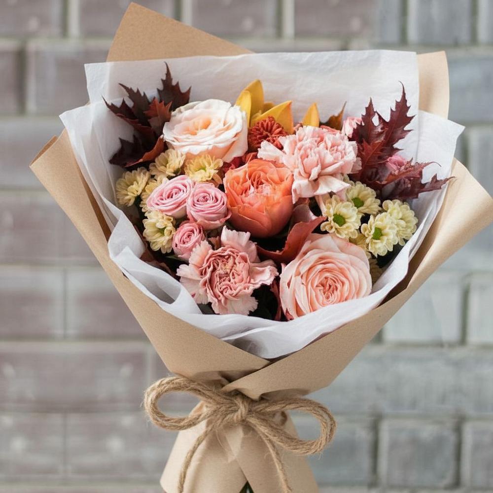 Букет осеннее настроение в Ангарске Букет цветов из: Гвоздики, Хризантемы и Розы в Ангарске