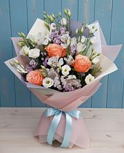 Букет Утренняя свежесть в Ангарске Букет цветов из:  Лизиантусы, Розы, Альстромерии и Гипсофила в Ангарске