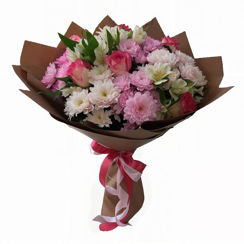 Букет Розовое очарование в Ангарске Букет цветов из: Хризантемы, Альстромерии и Розы в Ангарске